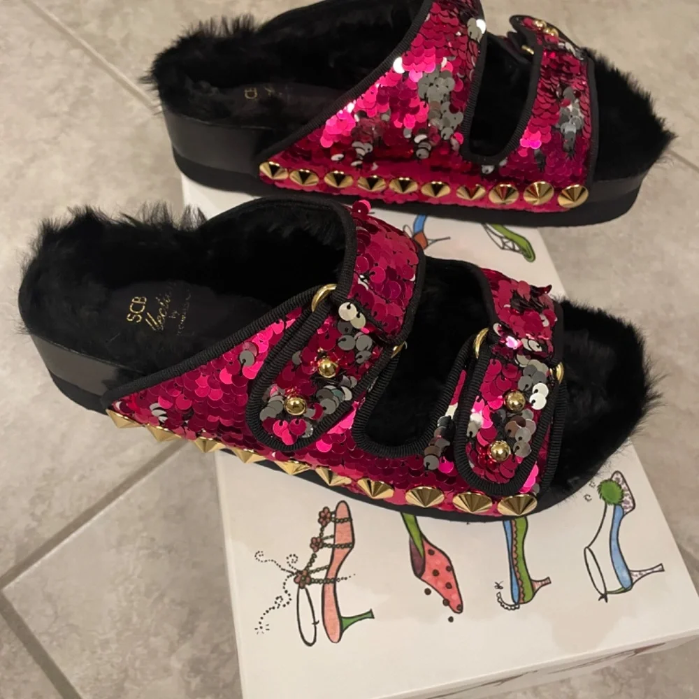 SUECOMMA BONNIE SCB Collection Pink/Silver Sequin Faux Fur Slide Size 38